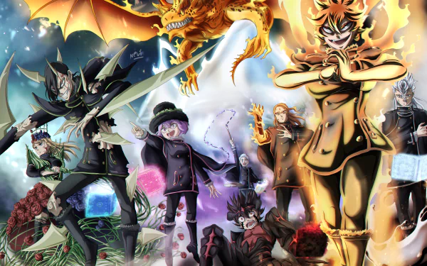 HD anime desktop wallpaper featuring characters from Black Clover in dynamic poses with magical effects and vibrant colors.