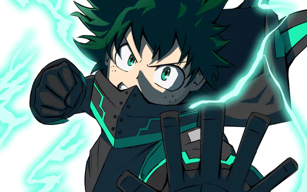 Izuku Midoriya from My Hero Academia in dynamic action pose with glowing green energy, captured in a vibrant 4K Ultra HD anime PC desktop wallpaper.