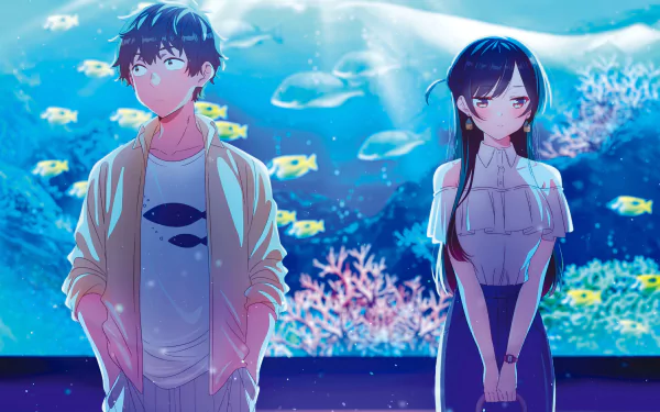 Kazuya Kinoshita and Chizuru Ichinose from Rent-A-Girlfriend anime stand in front of an illuminated aquarium, captured in a vibrant 4K Ultra HD wallpaper background.