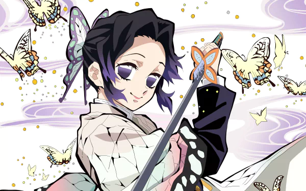 Shinobu Kocho from Demon Slayer: Kimetsu no Yaiba, depicted with butterflies in a vibrant anime 4K Ultra HD desktop wallpaper.