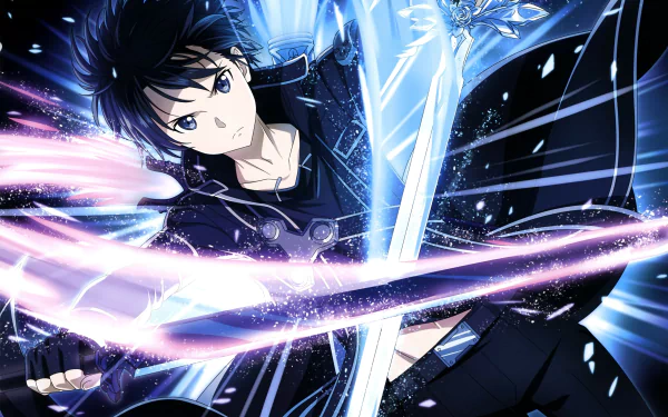 Kirito from Sword Art Online in dynamic action pose, wielding dual swords with glowing effects, rendered as a vibrant 4K Ultra HD anime desktop wallpaper.