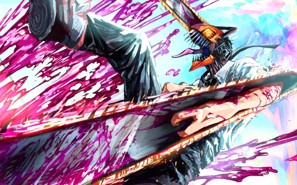 4K Ultra HD anime wallpaper of Denji from Chainsaw Man, featuring dynamic action with his iconic chainsaw blades and vivid splashes of red and blue.