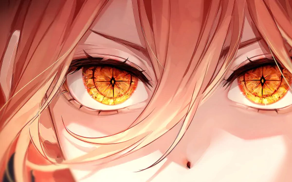 Close-up of Power’s intense amber eyes from Chainsaw Man anime, captured in vibrant 4K Ultra HD for a striking PC desktop wallpaper.