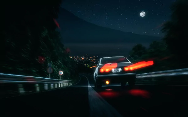 A 4K Ultra HD anime wallpaper from Initial D features a car speeding down a winding mountain road at night under a starry sky and full moon.