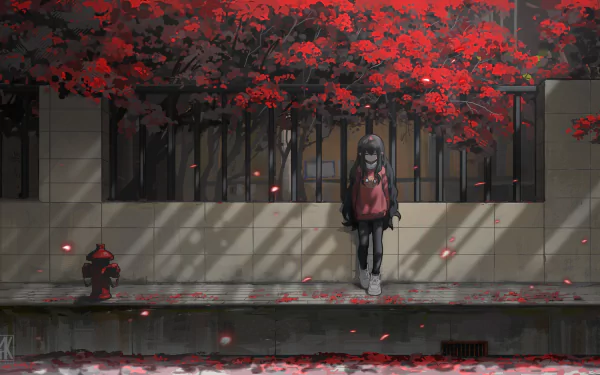 A 4K Ultra HD anime wallpaper featuring an anime girl standing on a sidewalk beneath vibrant red-leaved trees, with scattered petals adding a serene atmosphere.