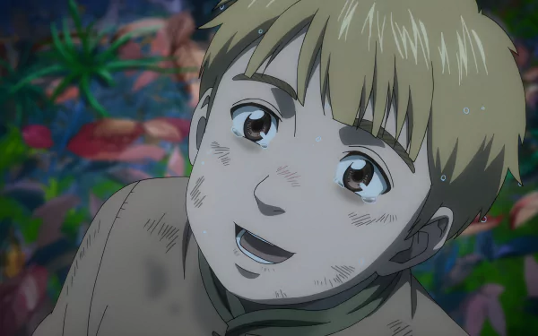 Thorfinn from Vinland Saga anime is depicted smiling with dirt on his face, rendered in stunning 8K Ultra HD for a vibrant PC desktop wallpaper.