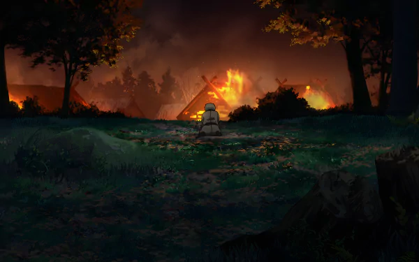 Thorfinn from Vinland Saga stands in a dark forest with a blazing fire in the background, depicted in stunning 8K Ultra HD anime style for PC wallpaper.