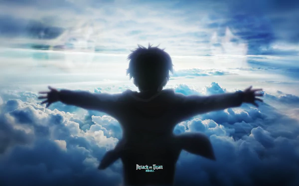 A dramatic silhouette of Eren Yeager from Attack on Titan against a backdrop of clouds and a colorful sky, captured in stunning 4K Ultra HD for an immersive desktop experience.