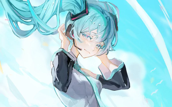 HD anime desktop wallpaper featuring Hatsune Miku, the iconic Vocaloid character, with flowing teal hair and a serene expression against a light blue background.