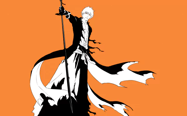 4K Ultra HD PC wallpaper featuring Ichigo Kurosaki from the anime Bleach: Thousand-Year Blood War in a dynamic pose against a bright orange background.