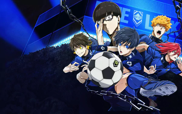 4K Ultra HD anime wallpaper featuring intense Blue Lock characters in dynamic soccer action against a vibrant blue and black background.