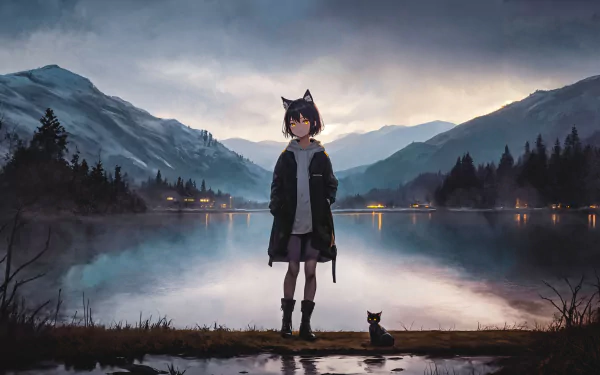 HD wallpaper featuring an AI-generated anime girl with cat ears standing by a serene lake, surrounded by mountains and illuminated by a soft, evening glow.