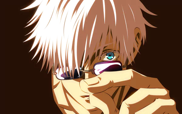 HD desktop wallpaper of Satoru Gojo from the anime Jujutsu Kaisen, featuring his iconic white hair and blue eyes, adjusting his sunglasses against a dark background.