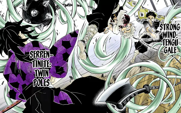 HD PC desktop wallpaper featuring anime characters from Demon Slayer: Kimetsu no Yaiba using techniques Serpent-Tinite Twin Poles and Strong Wind Tengu Gale.