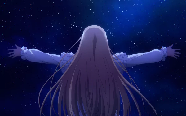 Mahiru Shiina from The Angel Next Door Spoils Me Rotten stands with arms outstretched under a starry night sky in this 8K Ultra HD anime desktop wallpaper.