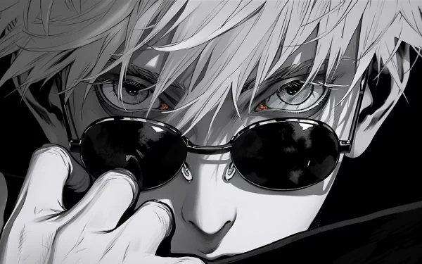 HD desktop wallpaper featuring Satoru Gojo from Jujutsu Kaisen, depicted in black and white, adjusting his sunglasses.
