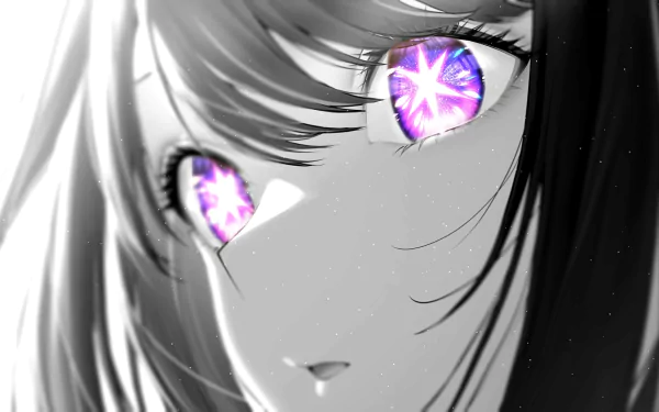 HD PC desktop wallpaper featuring a close-up of an anime character from Oshi no Ko with striking purple, glowing eyes in grayscale tones.
