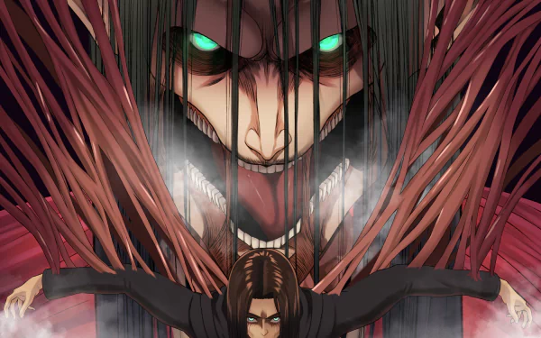 Eren Yeager transforms into the Founding Titan in this dark anime scene from *Attack on Titan*, featuring striking 8K Ultra HD detail and intense imagery.