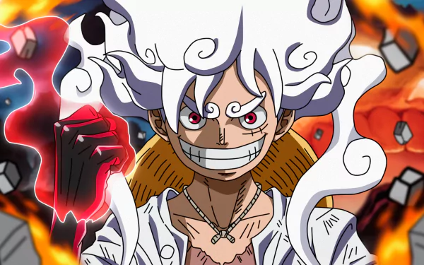 HD desktop wallpaper featuring Monkey D. Luffy in Gear 5 from the anime One Piece. Luffy displays a confident grin with white, swirly hair, and a flaming arm, surrounded by an action-packed background.