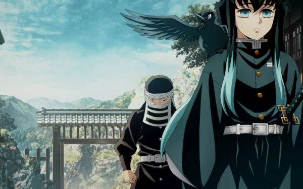 HD PC desktop wallpaper featuring characters from the anime Demon Slayer: Kimetsu no Yaiba, set against a scenic background with a torii gate and mountains.