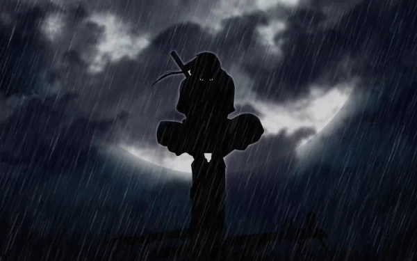 Dark anime-style HD Naruto wallpaper depicting a silhouetted ninja standing in the rain against a stormy, cloudy night sky.