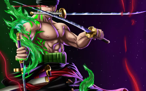 HD desktop wallpaper of Roronoa Zoro from the anime One Piece, featuring him in a dynamic pose with swords against a dark background.