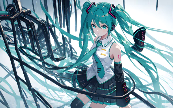 Hatsune Miku, a popular Vocaloid character, is depicted in a vibrant 4K Ultra HD anime wallpaper, surrounded by flowing cables, showcasing her iconic turquoise hair and stylish outfit.