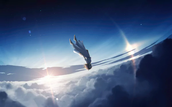 Anime girl floating above clouds in a stunning 4K Ultra HD PC desktop wallpaper with vibrant lighting and a serene sky background.