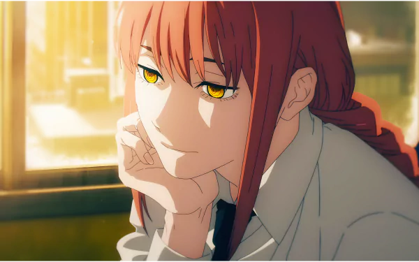 Makima from Chainsaw Man gazes thoughtfully by a sunlit window in this 8K Ultra HD anime desktop wallpaper.