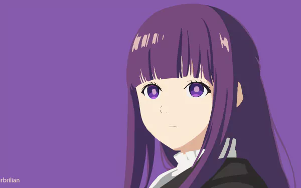 Fern from Frieren: Beyond Journey's End is depicted in this 8K Ultra HD anime wallpaper, showcasing detailed art with vibrant purple tones for PC desktop backgrounds.