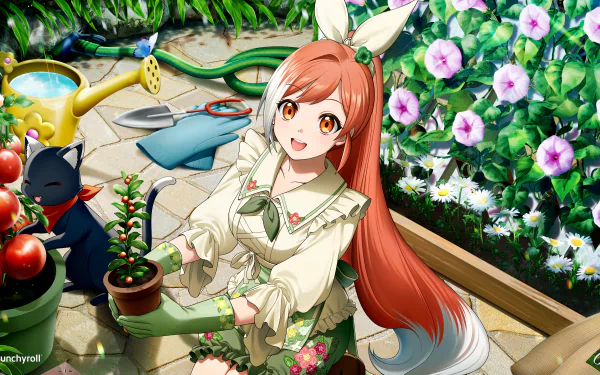 4K Ultra HD Crunchyroll anime-style Virtual YouTuber with long red hair gardening among vibrant flowers and plants in a detailed PC desktop wallpaper scene.