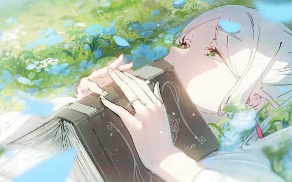HD desktop wallpaper of Frieren from Frieren: Beyond Journey's End, showing her lying among flowers and holding a book. The scene captures a serene and reflective moment.