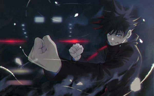 HD PC desktop wallpaper featuring Megumi Fushiguro from the anime Jujutsu Kaisen in a dynamic fighting pose with dark, intense background elements.