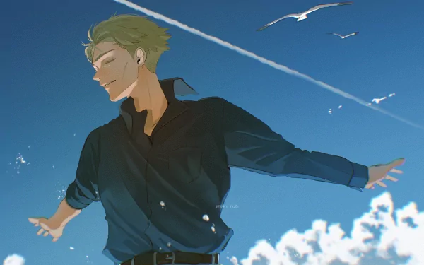 HD PC desktop wallpaper featuring Kento Nanami from Jujutsu Kaisen, depicted with closed eyes against a bright blue sky and white clouds.