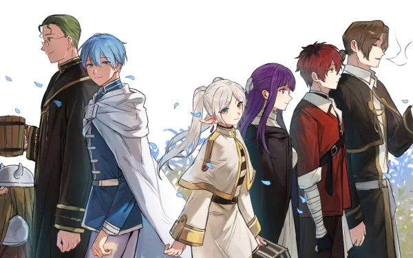 Anime-style illustration of six characters from Frieren: Beyond Journey's End, rendered in 4K Ultra HD for PC desktop wallpaper and background.