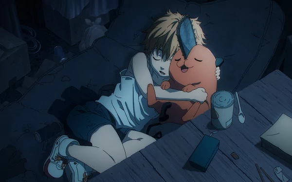 HD anime desktop wallpaper featuring a sleeping character from Chainsaw Man hugging a plush toy in a dimly lit room.