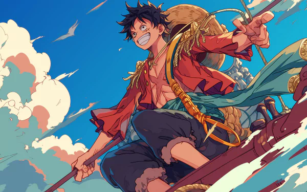 HD anime wallpaper featuring Monkey D. Luffy from One Piece with a vibrant blue sky background.
