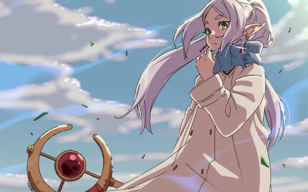 Anime-style 4K Ultra HD desktop wallpaper featuring Frieren from Frieren: Beyond Journey's End with long hair, a cloak, and a mystical staff against a cloudy sky.