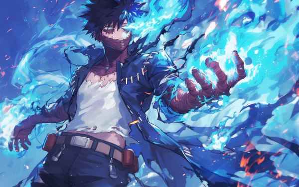 HD wallpaper featuring Dabi from My Hero Academia with blue flames for desktop background.
