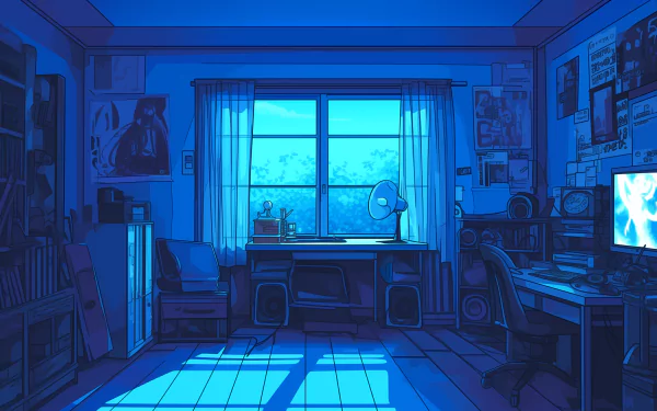 HD anime-style room wallpaper featuring a serene blue-themed bedroom with posters on the walls and sunlight streaming through the window.