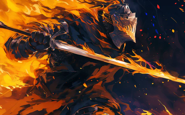 HD desktop wallpaper featuring an anime-style illustration from the video game Dark Souls, depicting a knight wielding a sword with fiery effects in the background.