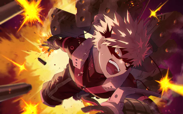 HD PC desktop wallpaper featuring Katsuki Bakugou from the anime My Hero Academia, depicted in an explosive action scene with dynamic flames and intense energy.