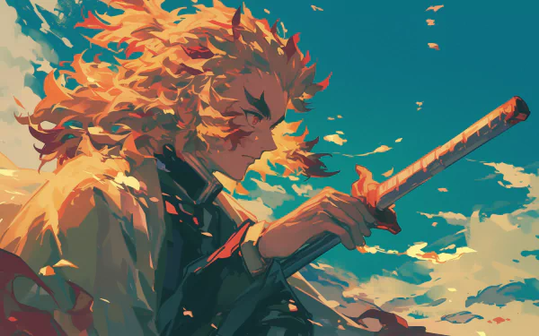 HD desktop wallpaper of the character Kyojuro Rengoku from Demon Slayer: Kimetsu no Yaiba anime, featuring a close-up with Rengoku holding his sword against a vibrant sky backdrop.