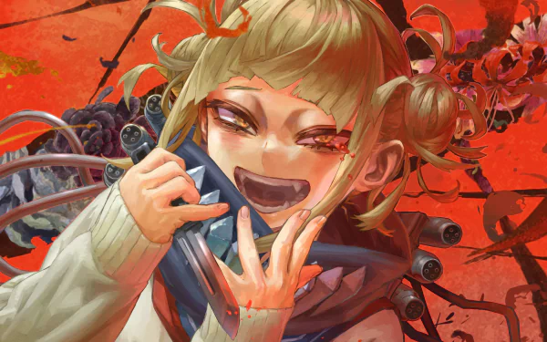 A vibrant 4K Ultra HD anime wallpaper featuring Himiko Toga from My Hero Academia with a dynamic, intense expression set against a fiery red background.