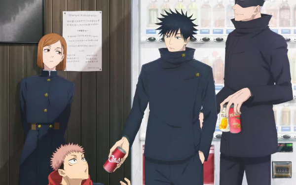 HD PC desktop wallpaper featuring characters from the anime Jujutsu Kaisen in school uniforms, standing near a vending machine.