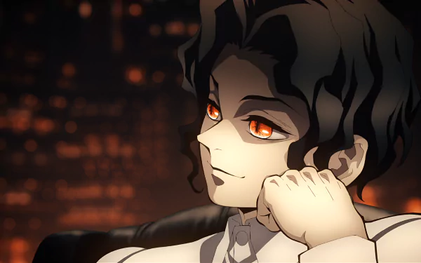 4K Ultra HD anime wallpaper featuring Muzan Kibutsuji from Demon Slayer: Kimetsu no Yaiba with intense orange eyes and dark, wavy hair against a blurred background.