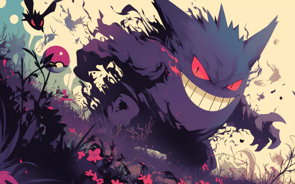 A vibrant HD wallpaper featuring Gengar from Pokémon, depicted in a striking anime style with swirling shadows and a mischievous grin, surrounded by floral elements and Poké Balls.