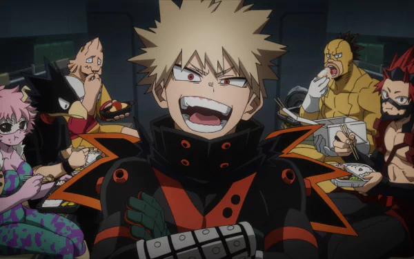 Anime-themed HD desktop wallpaper features Katsuki Bakugou from My Hero Academia: You're Next, smiling confidently with classmates enjoying a meal in the background.
