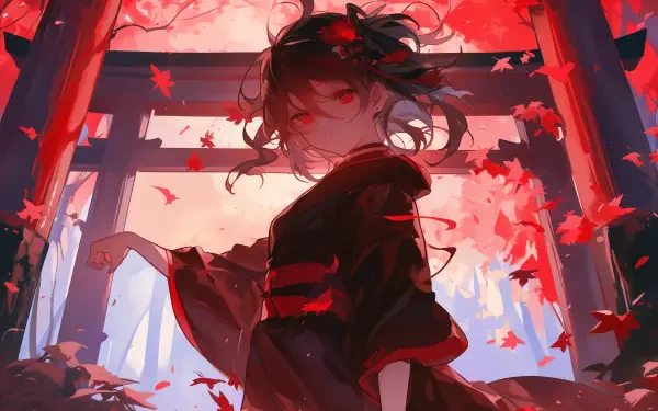 A vibrant anime girl stands surrounded by swirling red leaves, set against a backdrop of intricate architecture. This captivating image serves as a stunning 4K Ultra HD desktop wallpaper.