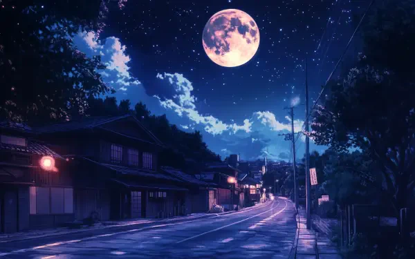 Anime-style night scene of a quiet street illuminated by a full moon, featuring detailed clouds and starry sky in 4K Ultra HD quality for PC desktop background.